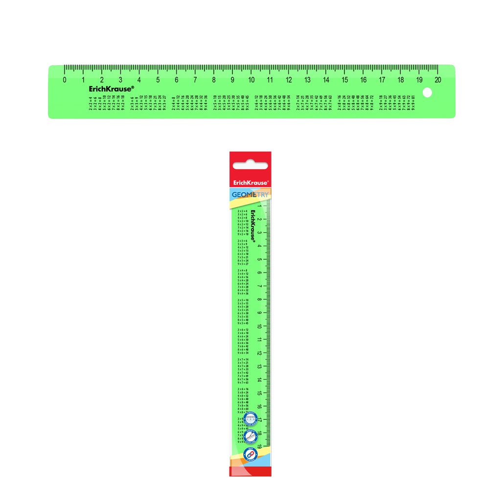 Линейка с таблицей умножения пластиковая ErichKrause® Neon, 20см, зеленая, во флоупаке