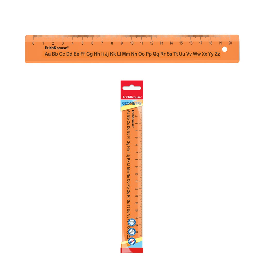 Линейка с английским алфавитом пластиковая ErichKrause® Neon, 20см, оранжевая, во флоупаке