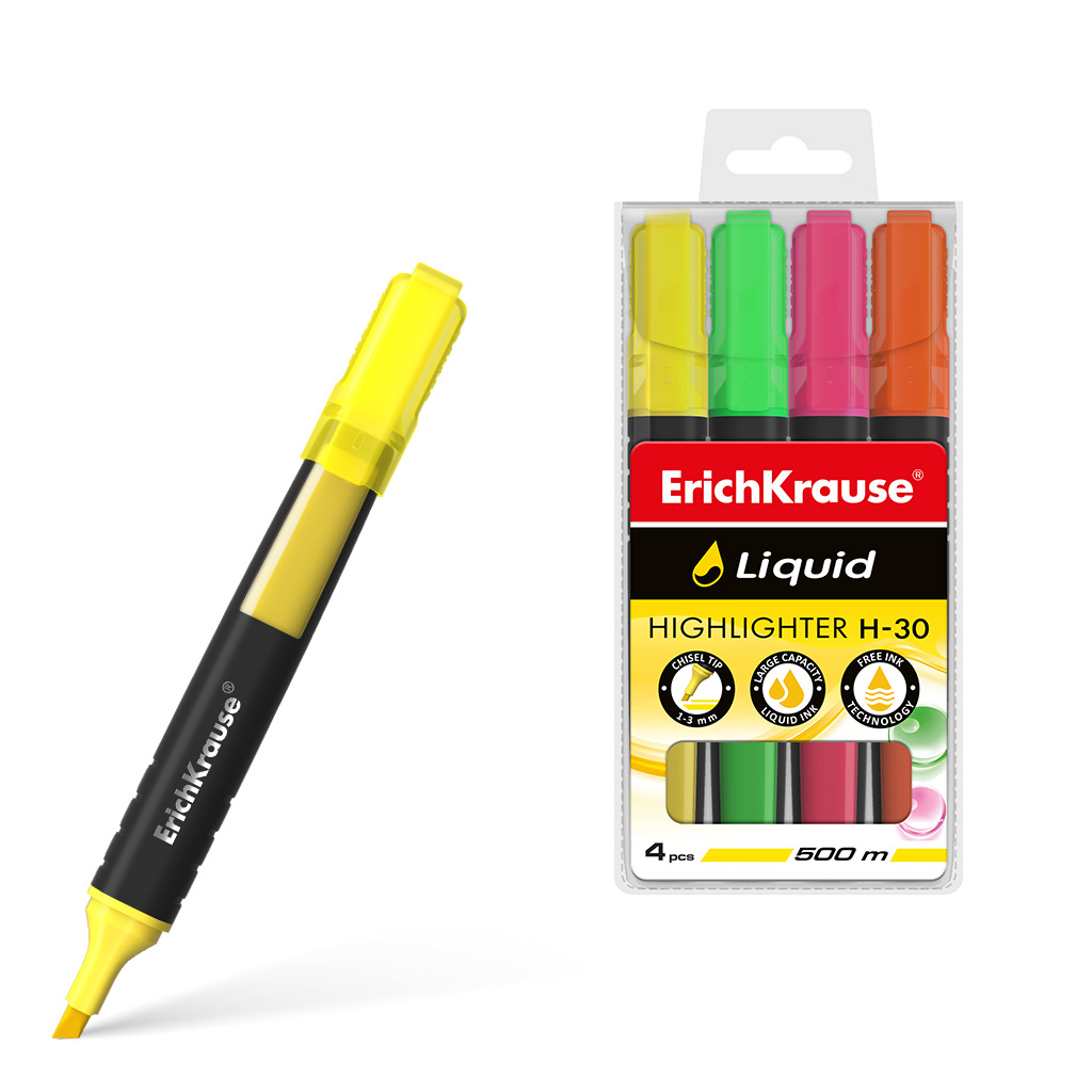 Текстмаркер с жидкими чернилами  ErichKrause® Liquid H-30, цвет чернил желтый, зеленый, розовый, оранжевый 
