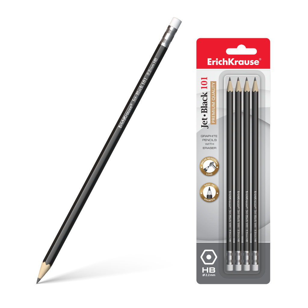 Чернографитный шестигранный  карандаш с ластиком  ErichKrause® Jet Black 101 HB 