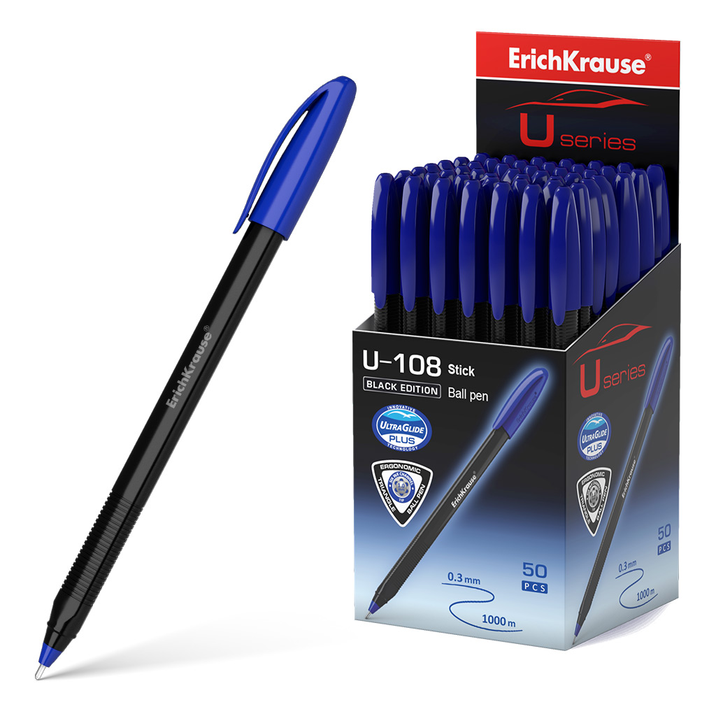 Ручка шариковая ErichKrause® U-108 Black Edition Stick 1.0, Ultra Glide Technology, цвет чернил синий 