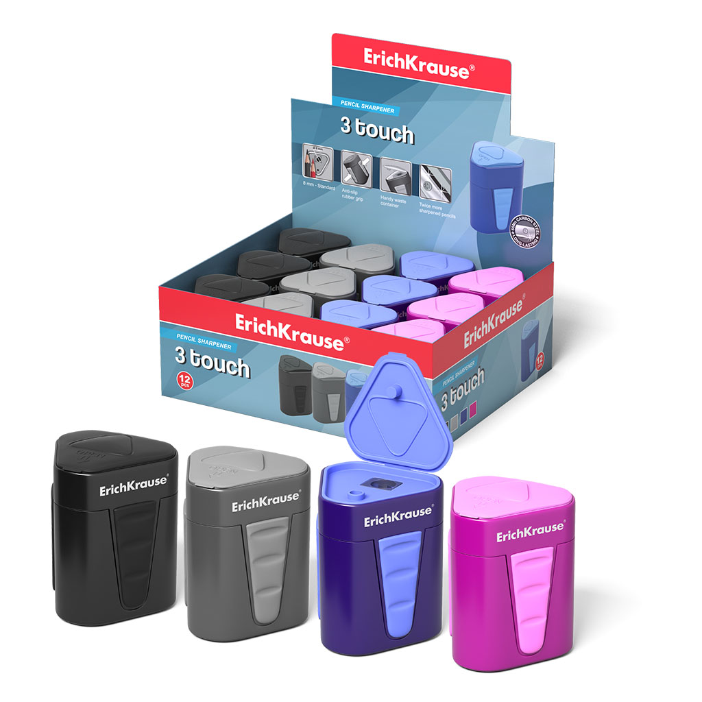 Пластиковая точилка ErichKrause® 3-Touch с контейнером и крышкой, цвет корпуса ассорти  