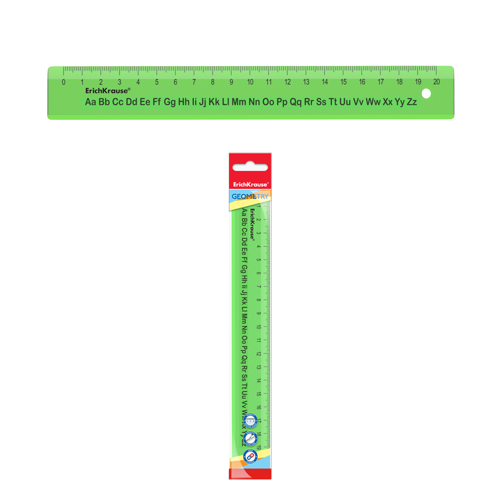 Линейка с английским алфавитом пластиковая ErichKrause® Neon, 20см, зеленая, во флоупаке