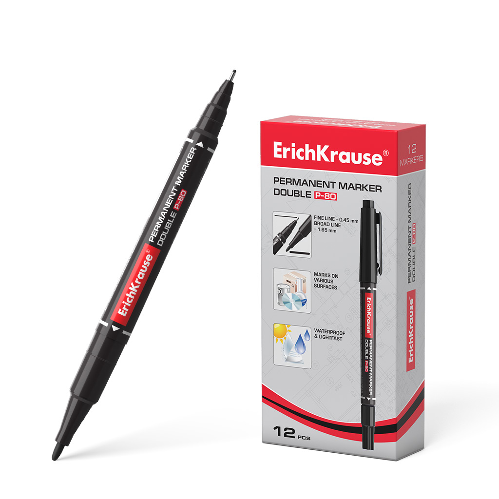 Двухсторонний перманентный маркер ErichKrause® Double P-80, цвет чернил черный 