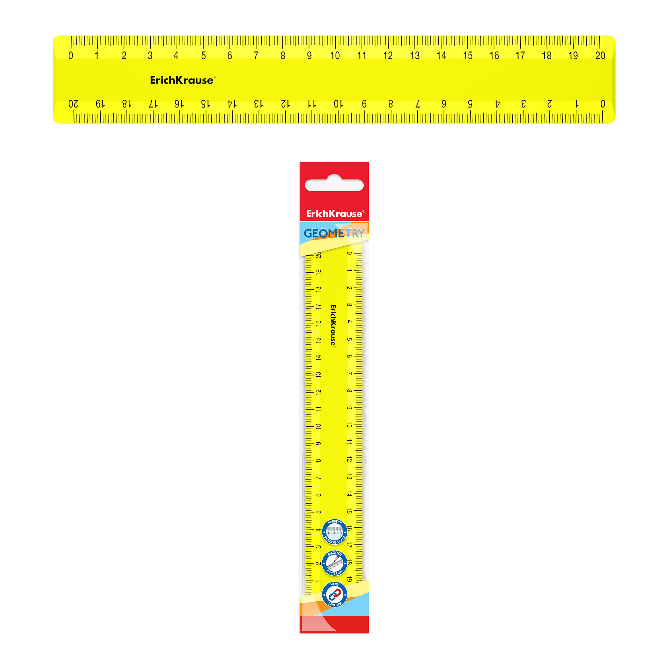 Линейка пластиковая ErichKrause® Neon Solid, 20см, желтая, во флоупаке