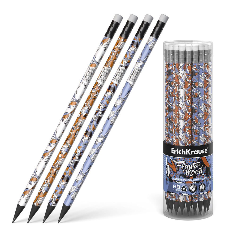 Чернографитный трехгранный карандаш с ластиком ErichKrause® Tulips HB 
