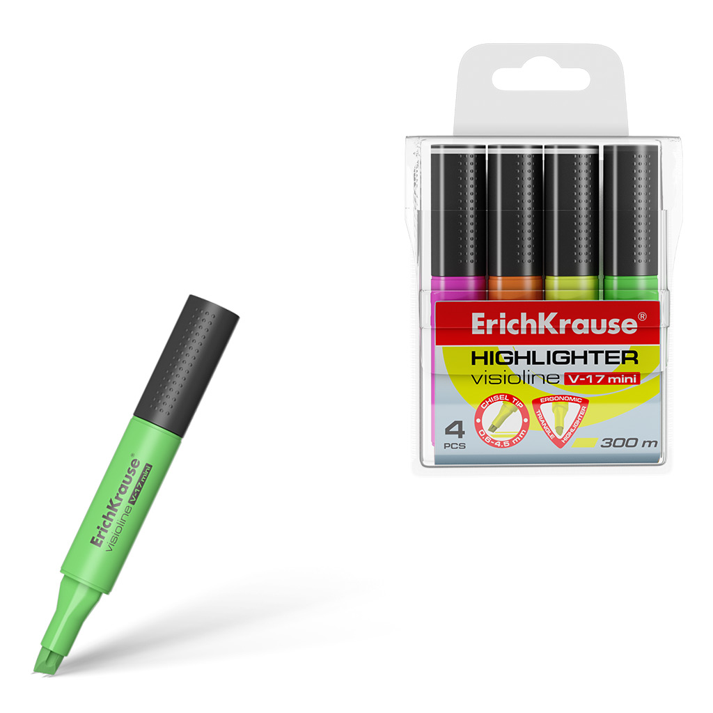 Текстмаркер ErichKrause® Visioline V-17 Mini, цвет чернил: желтый, зеленый, розовый, оранжевый 