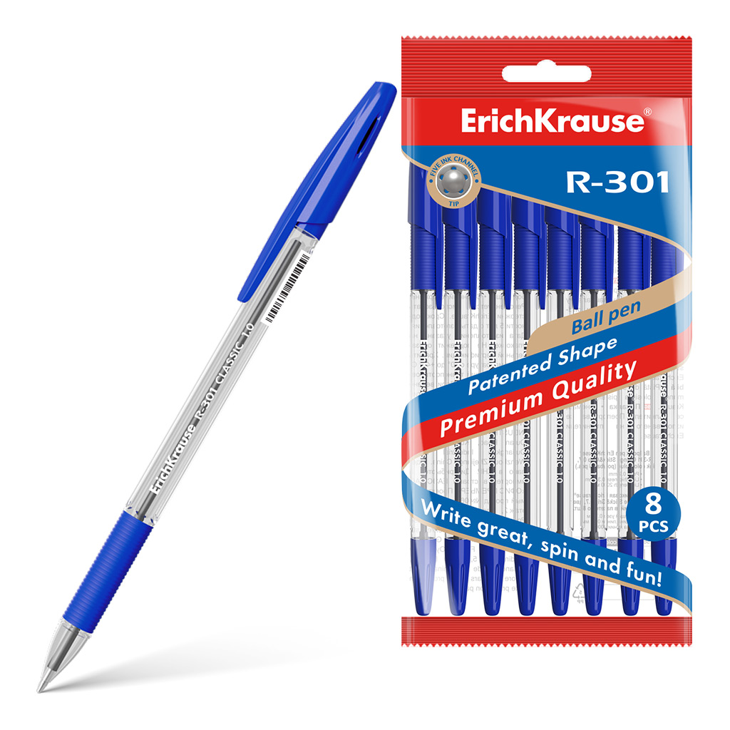 Ручка шариковая ErichKrause® R-301 Classic Stick&Grip 1.0, цвет чернил синий 