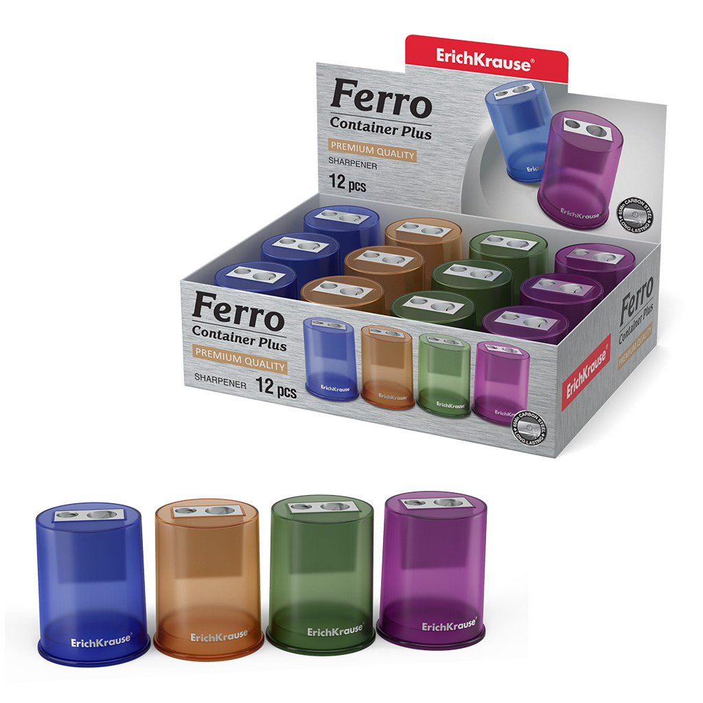 Металлическая точилка ErichKrause® Ferro Container Plus, два отверстия с контейнером, цвет корпуса ассорти 
