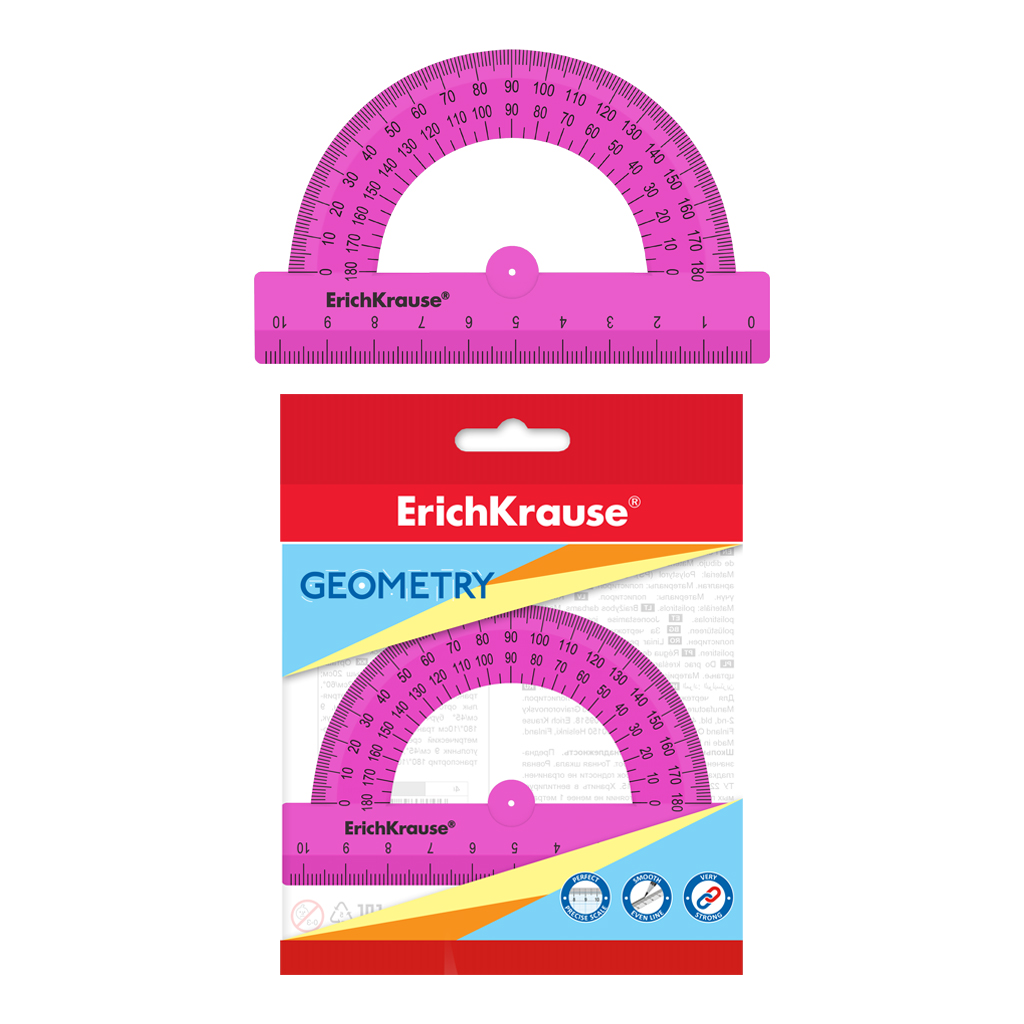 Транспортир пластиковый ErichKrause® Neon Solid, 180°/10см, розовый, во флоупаке