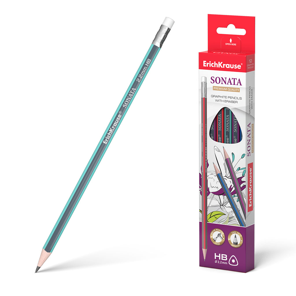 Чернографитный трехгранный карандаш с ластиком  ErichKrause® Sonata HB 