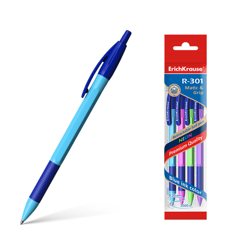 Ручка шариковая автоматическая ErichKrause® R-301 Neon Matic&Grip 0.7, цвет чернил синий 