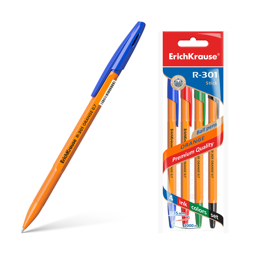 Ручка шариковая ErichKrause® R-301 Orange Stick 0.7, цвет чернил: синий, черный, красный, зеленый 