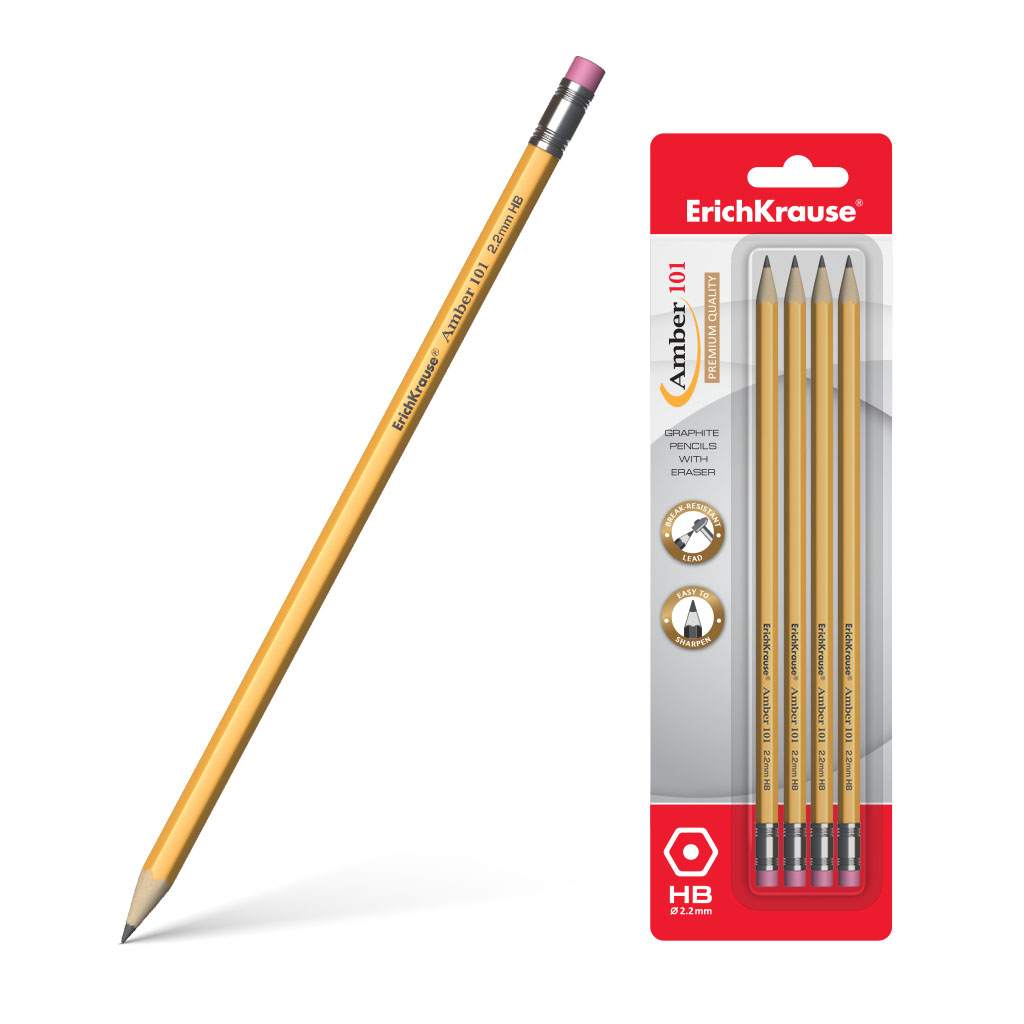 Чернографитный шестигранный карандаш с ластиком ErichKrause® Amber 101 HB 