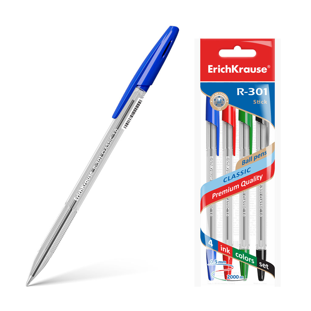Ручка шариковая ErichKrause® R-301 Classic Stick 1.0, цвет чернил: синий, черный, красный, зеленый 