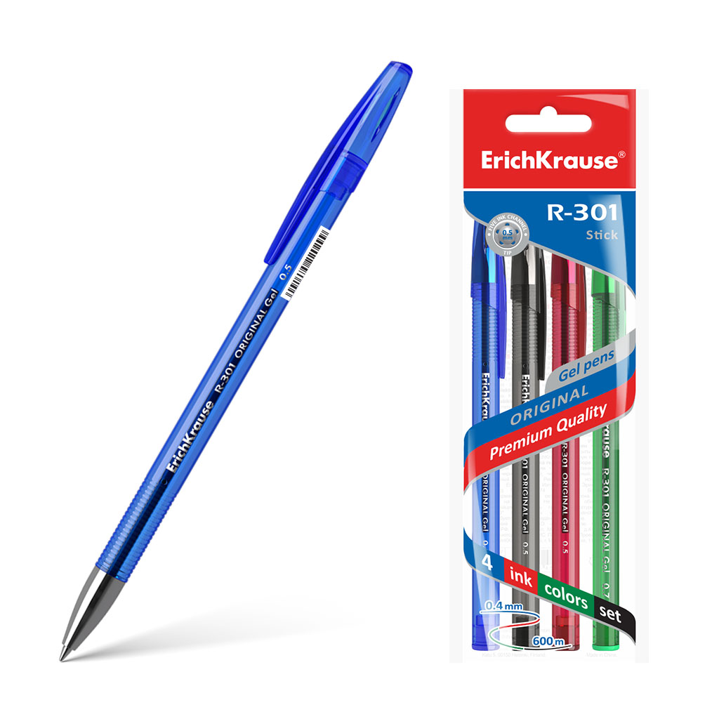 Ручка гелевая ErichKrause® R-301 Original Gel Stick 0.5, цвет чернил: синий, черный, красный, зеленый 
