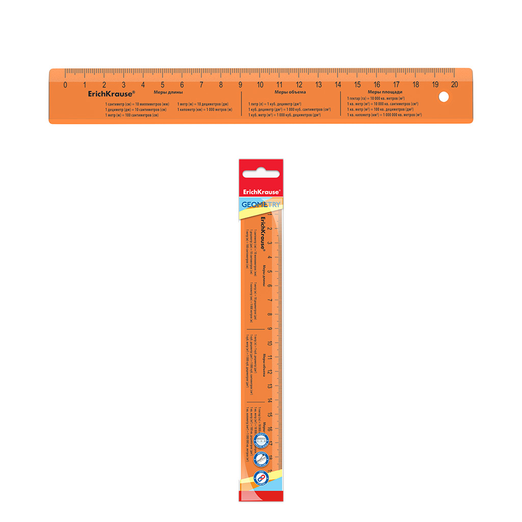 Линейка с единицами измерения пластиковая ErichKrause® Neon, 20см, оранжевая, во флоупаке