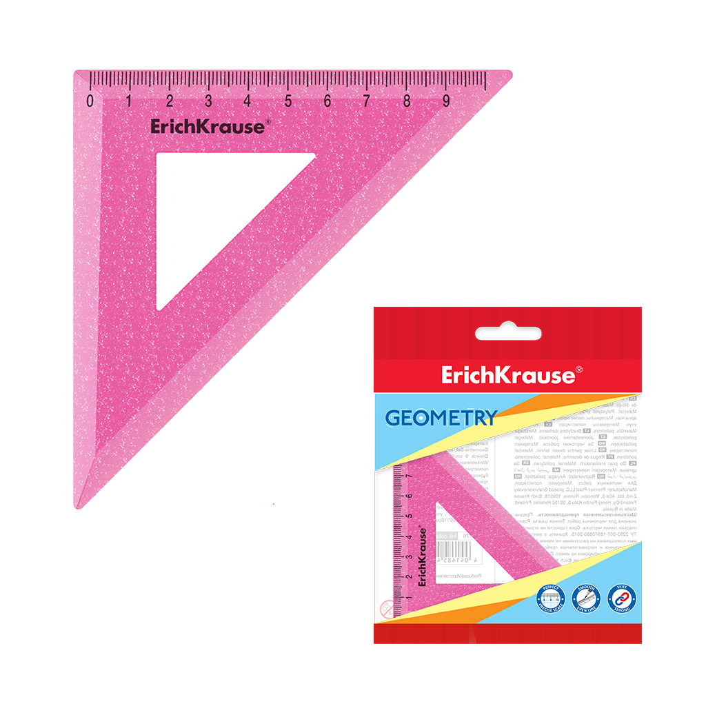 Угольник пластиковый ErichKrause® Glitter, 45°/9см, розовый, во флоупаке
