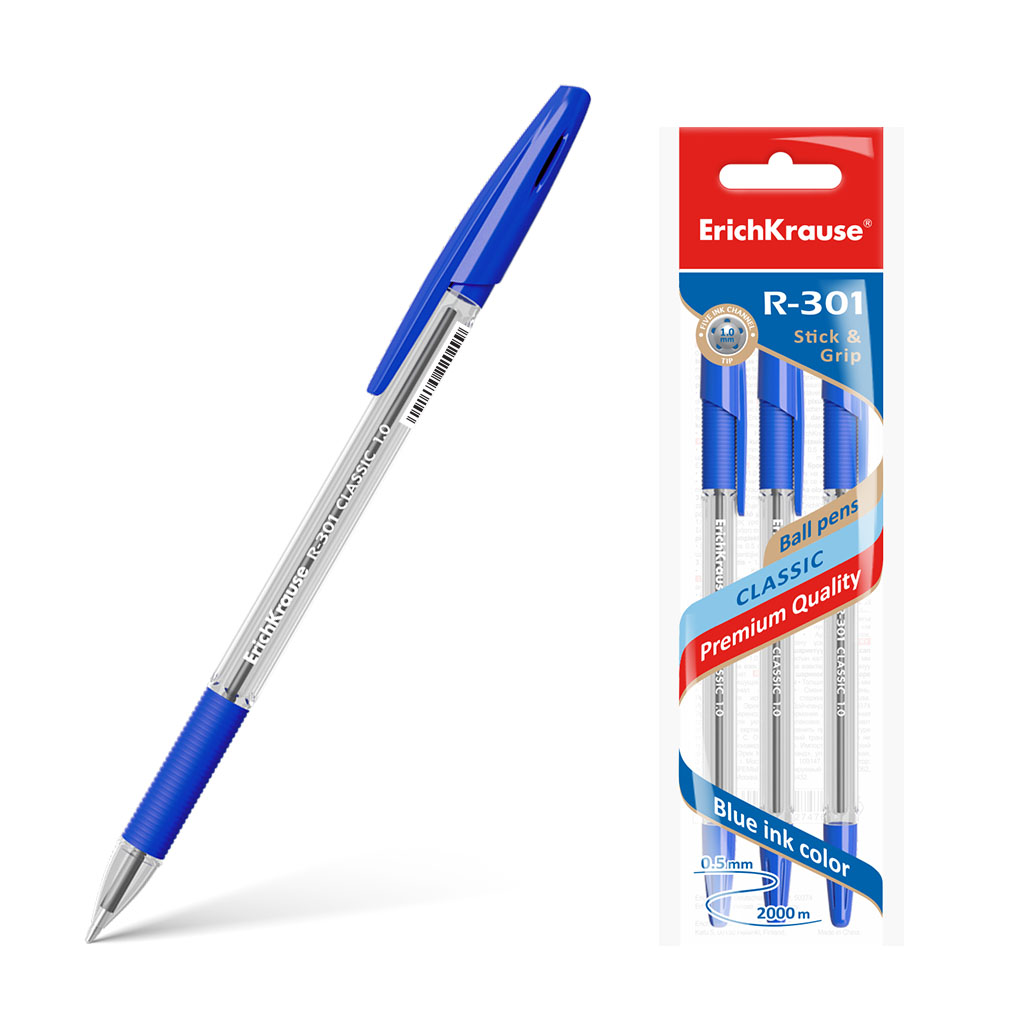 Ручка шариковая ErichKrause® R-301 Classic Stick&Grip 1.0, цвет чернил синий 