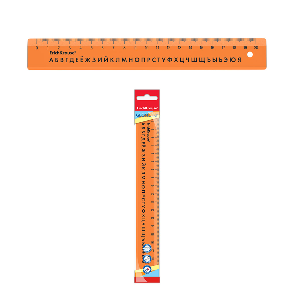 Линейка с русским алфавитом пластиковая ErichKrause® Neon, 20см, оранжевая, во флоупаке