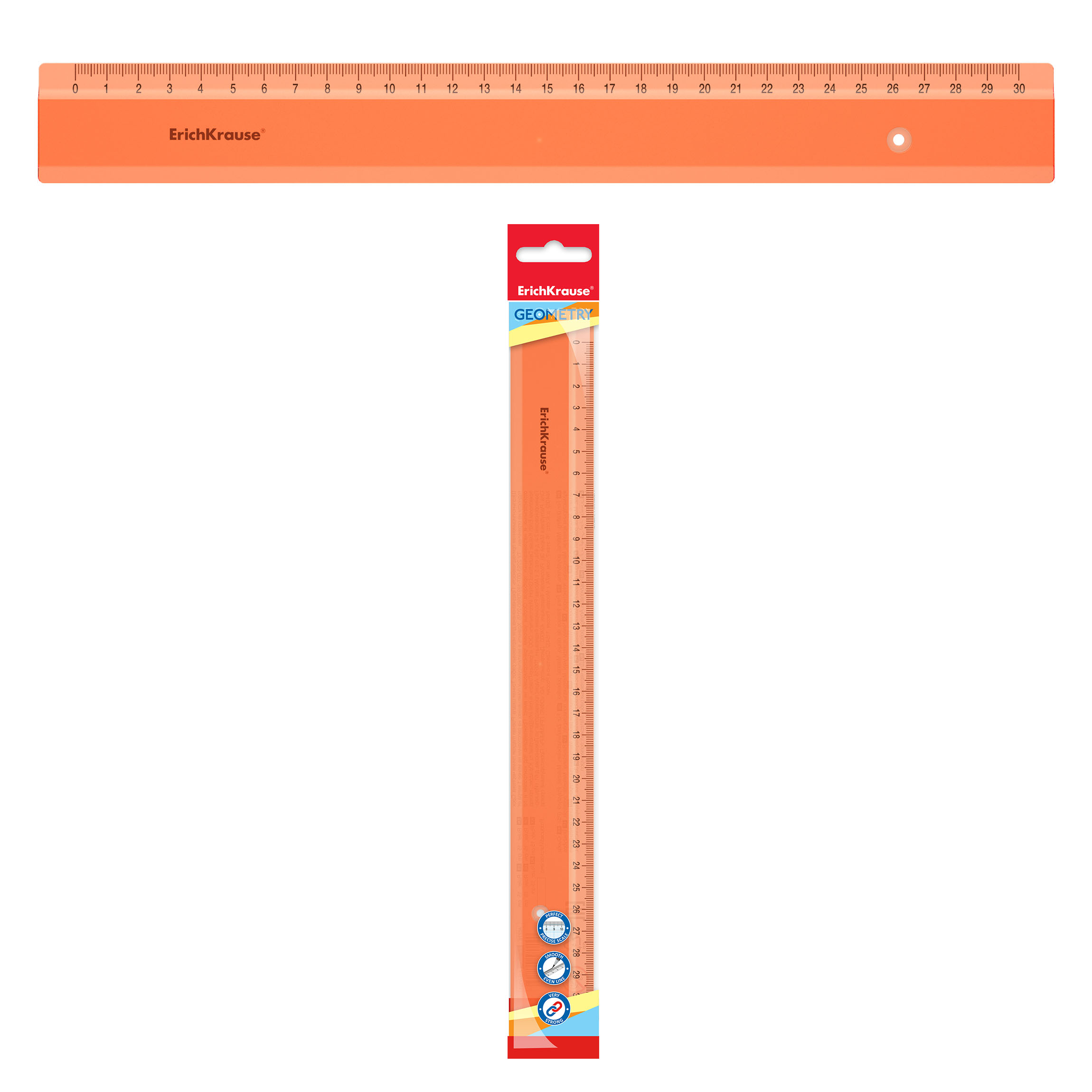 Линейка пластиковая ErichKrause® Neon, 30см, оранжевая, во флоупаке