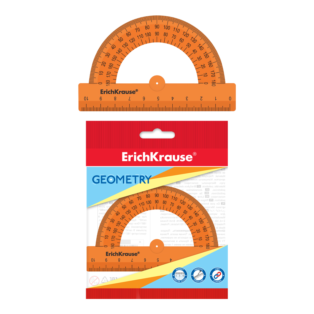 Транспортир пластиковый ErichKrause® Neon Solid, 180°/10см, оранжевый, во флоупаке