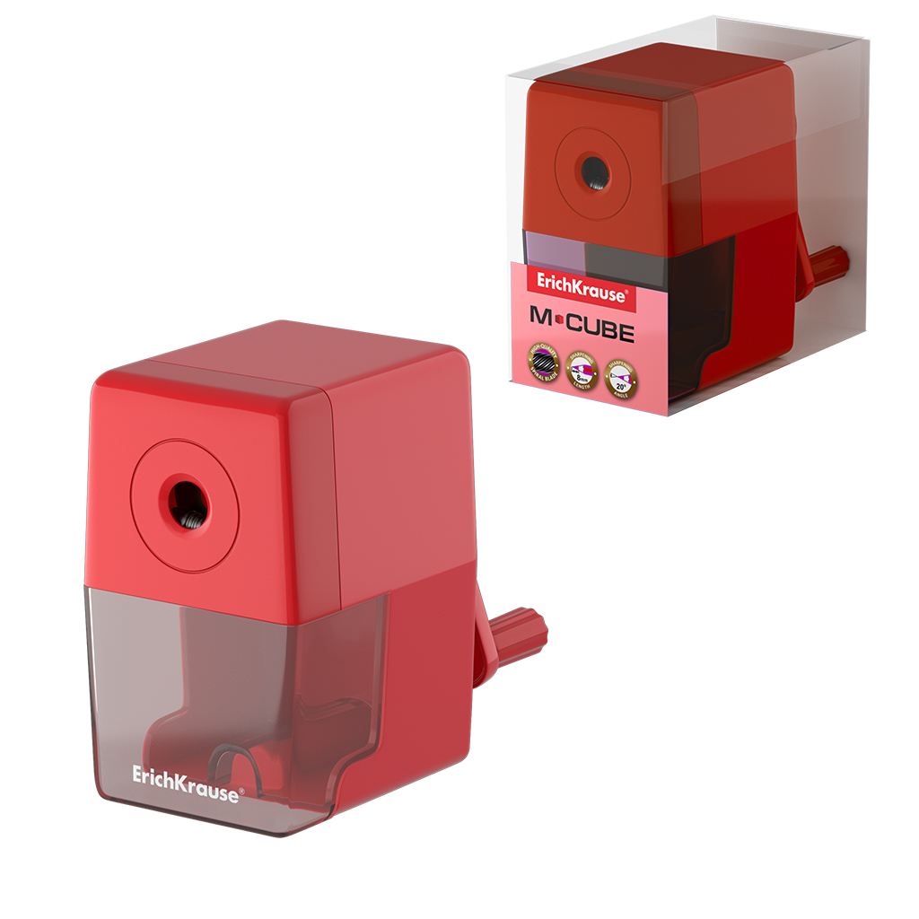 Точилка механическая ErichKrause® M-Cube с контейнером, цвет корпуса красный 