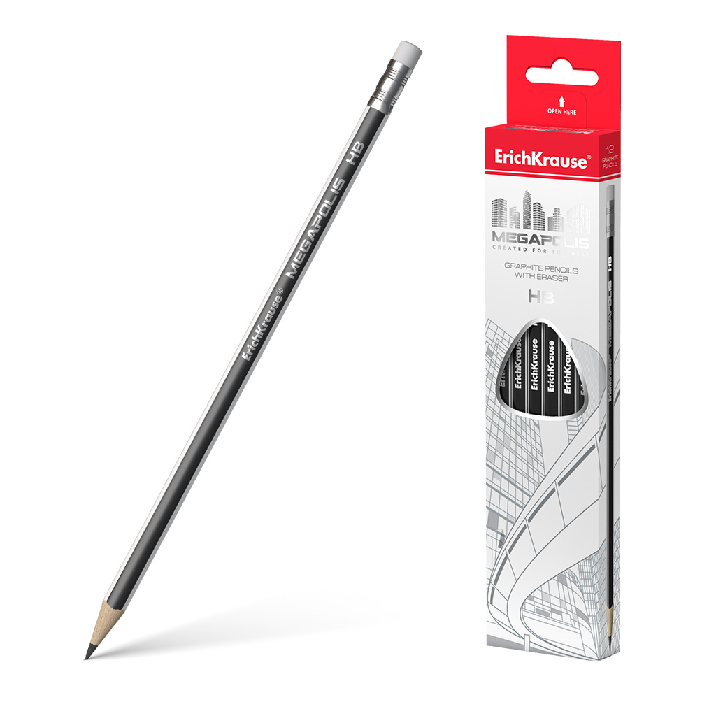 Чернографитный трехгранный карандаш с ластиком ErichKrause® MEGAPOLIS HB 