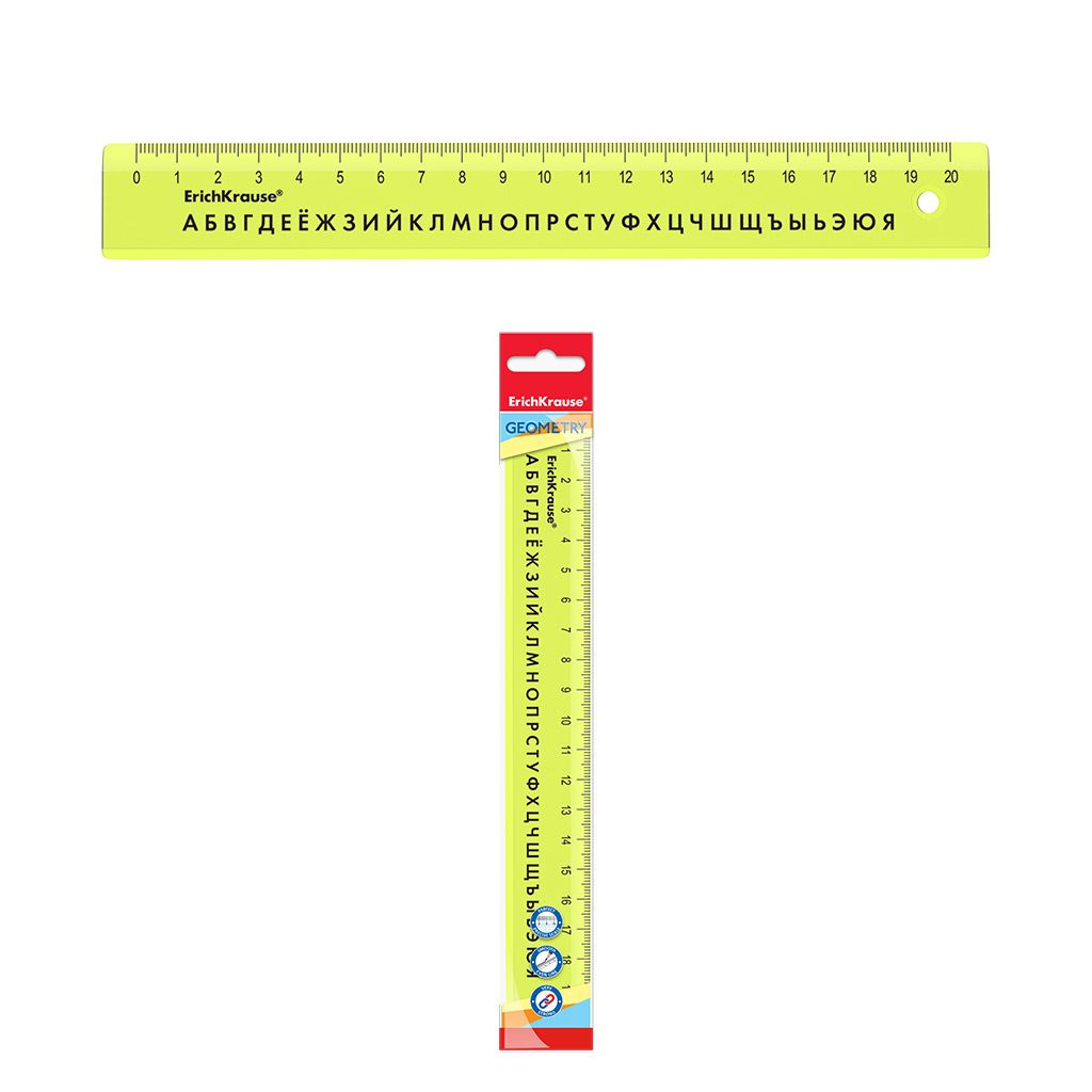 Линейка с русским алфавитом пластиковая ErichKrause® Neon, 20см, желтая, во флоупаке
