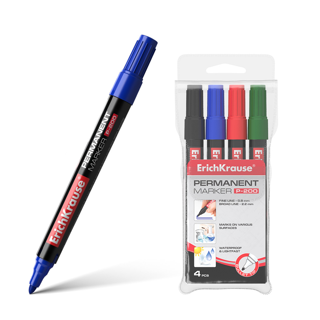 Перманентный маркер ErichKrause®  P-200, цвет чернил: черный, синий, красный, зеленый 