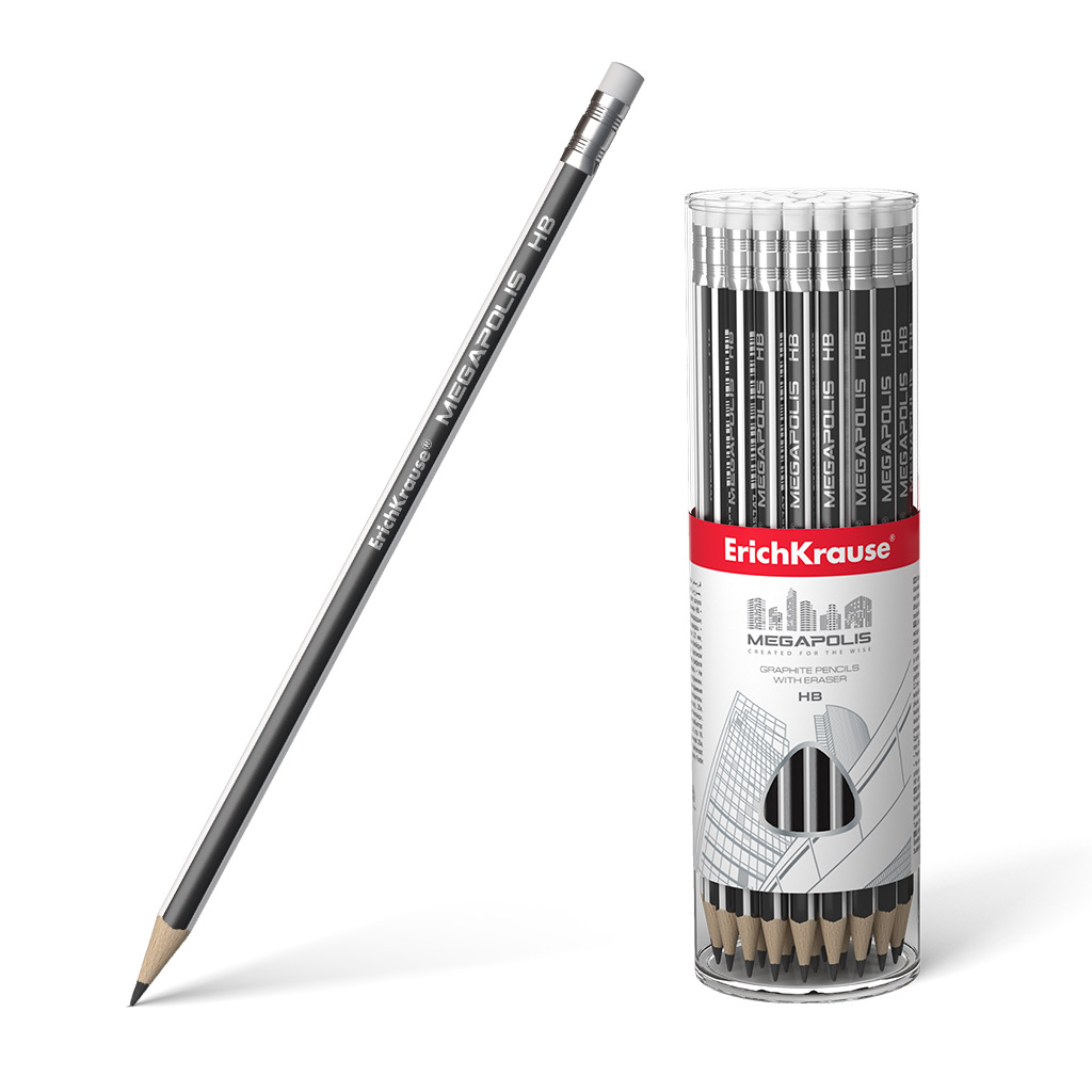 Чернографитный трехгранный карандаш с ластиком ErichKrause® MEGAPOLIS HB 