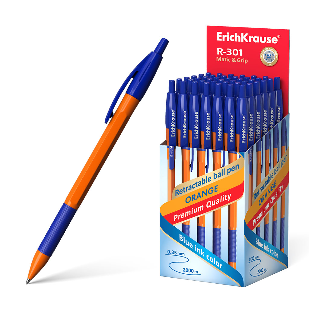 Ручка шариковая автоматическая ErichKrause® R-301 Orange Matic&Grip 0.7, цвет чернил синий 