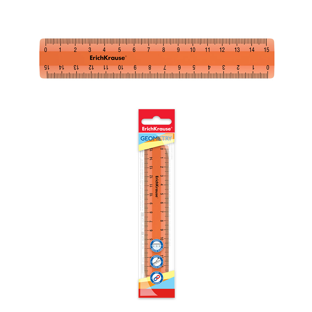 Линейка пластиковая ErichKrause® Neon, 15см, оранжевая, во флоупаке