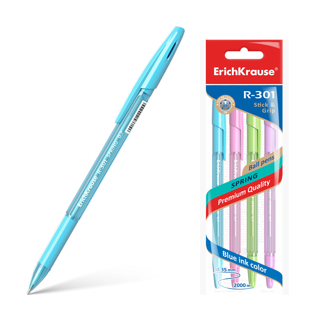 Ручка шариковая ErichKrause® R-301 Spring Stick&Grip 0.7, цвет чернил синий 