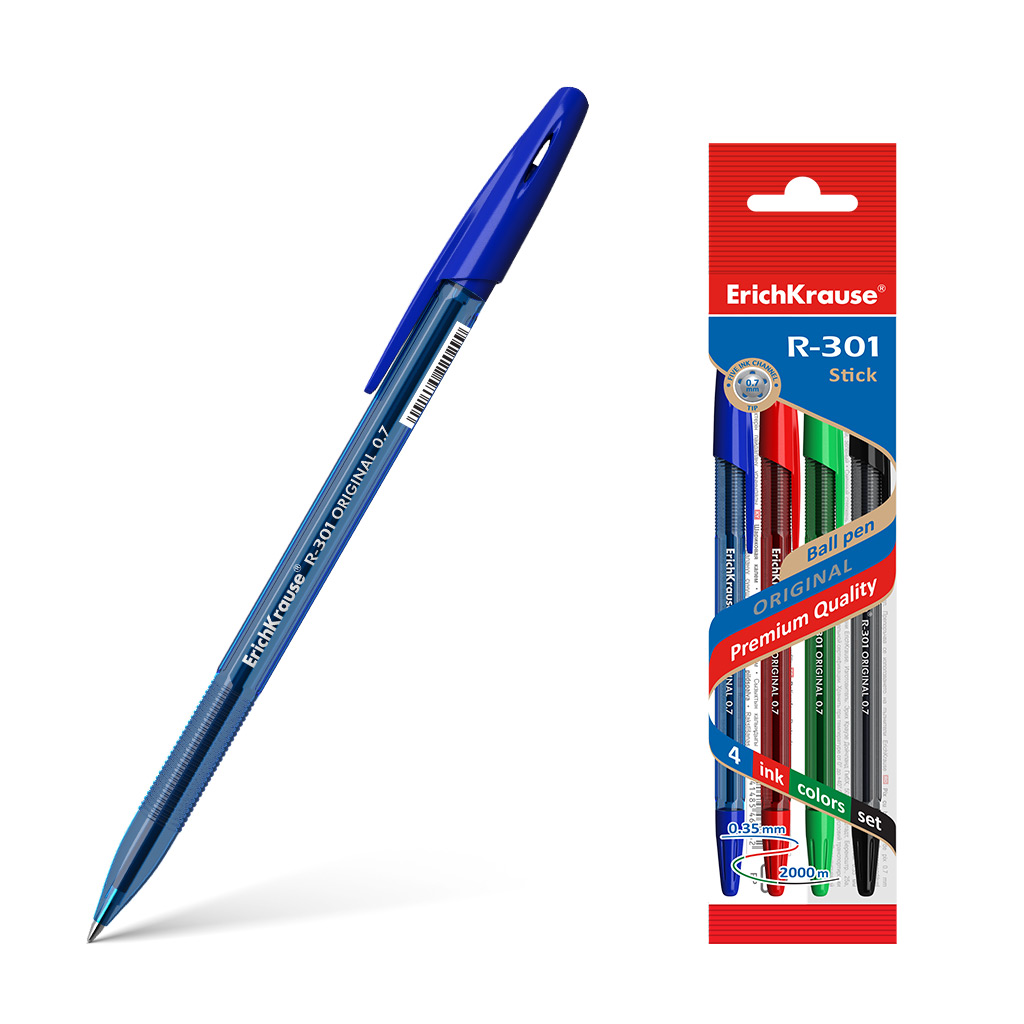 Ручка шариковая ErichKrause® R-301 Original Stick 0.7, цвет чернил: синий, черный, красный, зеленый 