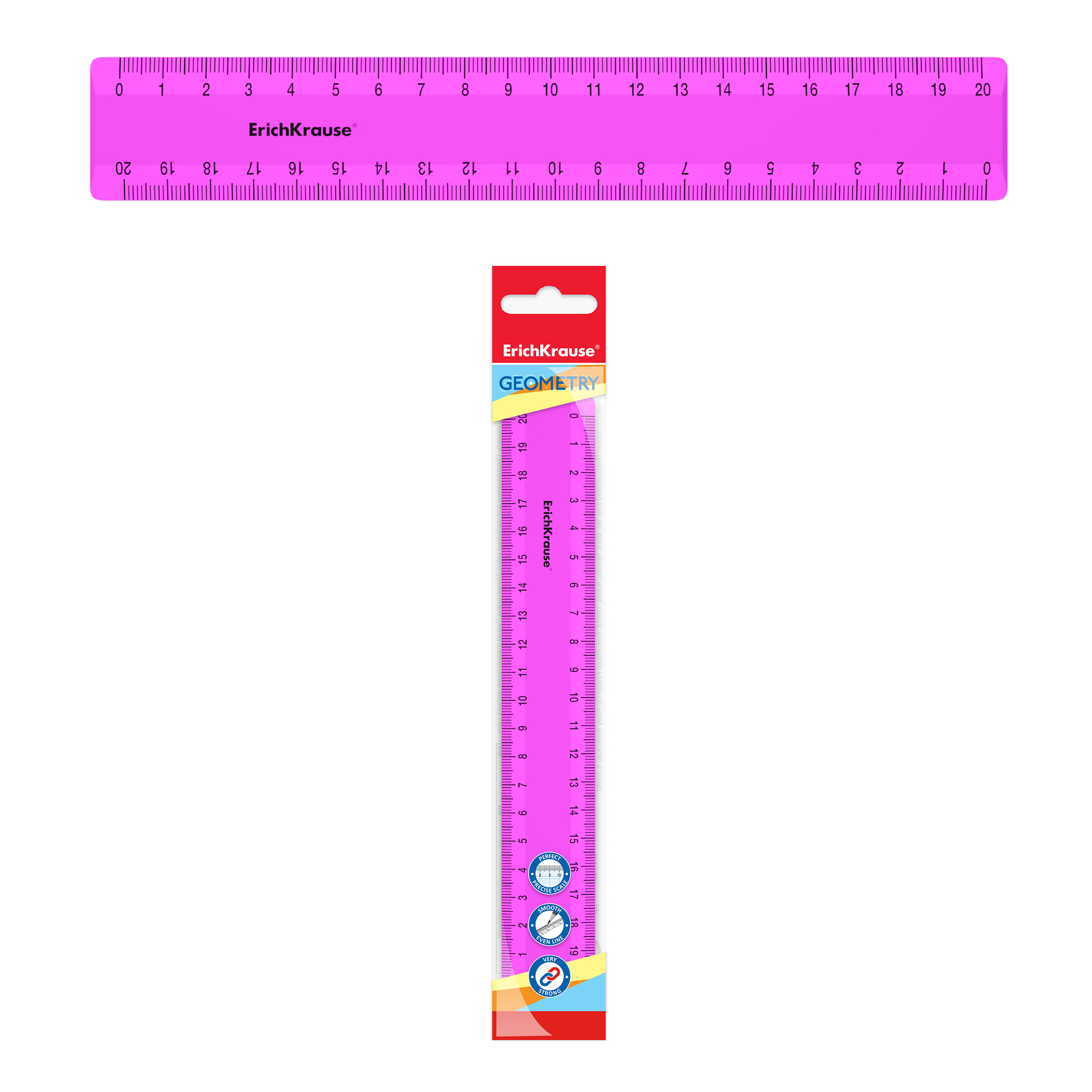 Линейка пластиковая ErichKrause® Neon Solid, 20см, розовая, во флоупаке