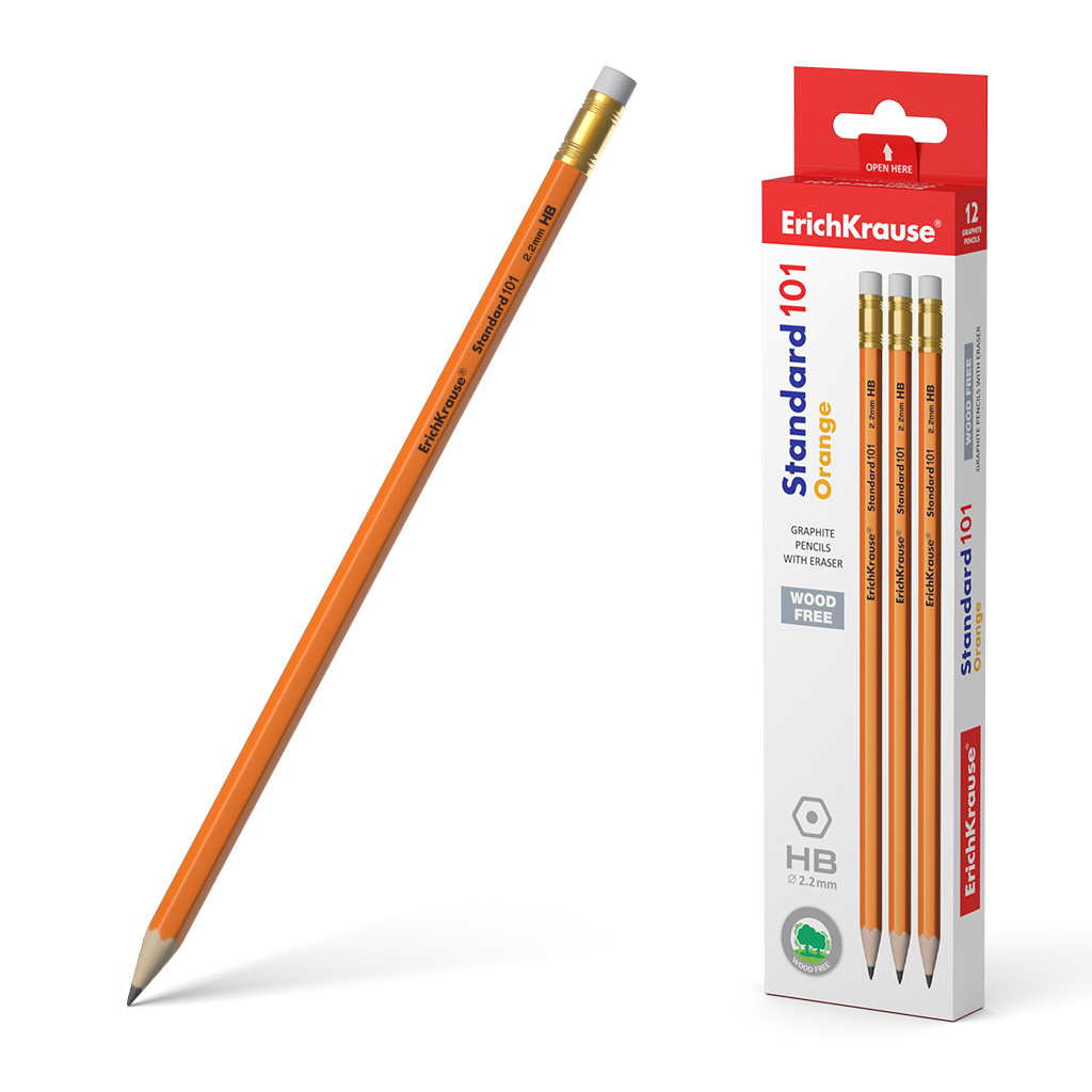 Пластиковый чернографитный шестигранный карандаш с ластиком ErichKrause® Standard 101 Orange HB 
