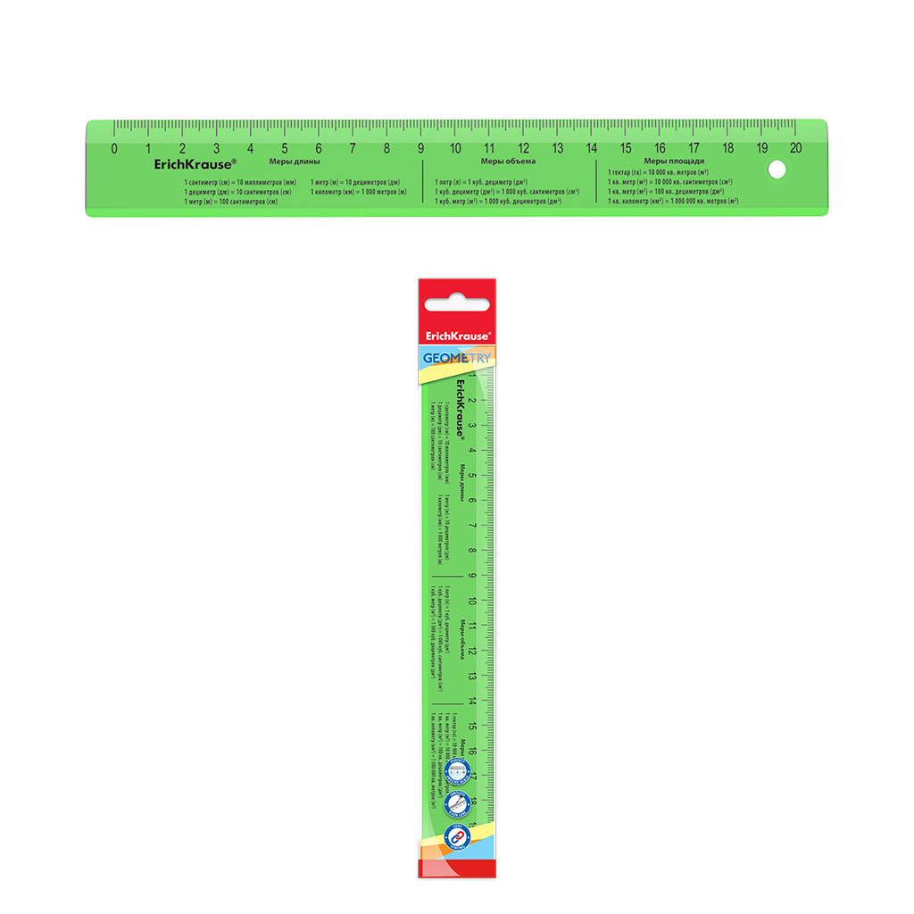 Линейка с единицами измерения пластиковая ErichKrause® Neon, 20см, зеленая, во флоупаке