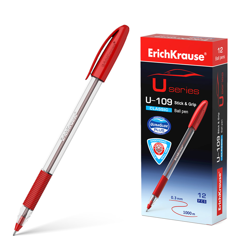 Ручка шариковая ErichKrause® U-109 Classic Stick&Grip 1.0, Ultra Glide Technology, цвет чернил красный 