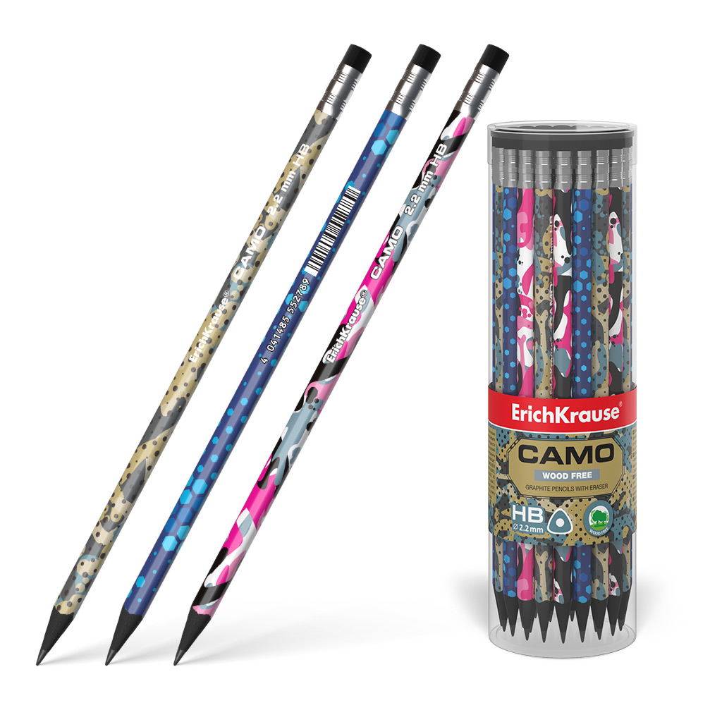 Пластиковый чернографитный трехгранный карандаш с ластиком ErichKrause® Camo HB 