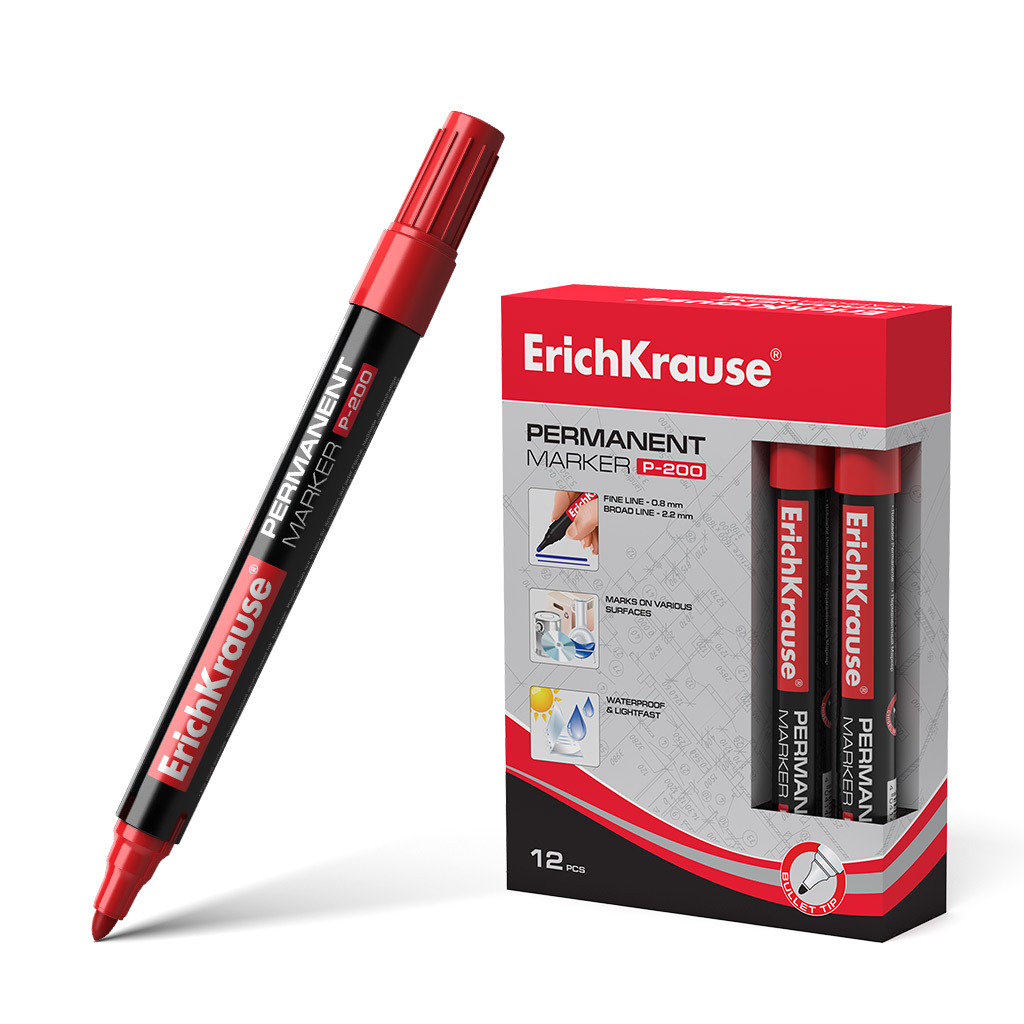 Перманентный маркер ErichKrause®  P-200, цвет чернил красный 
