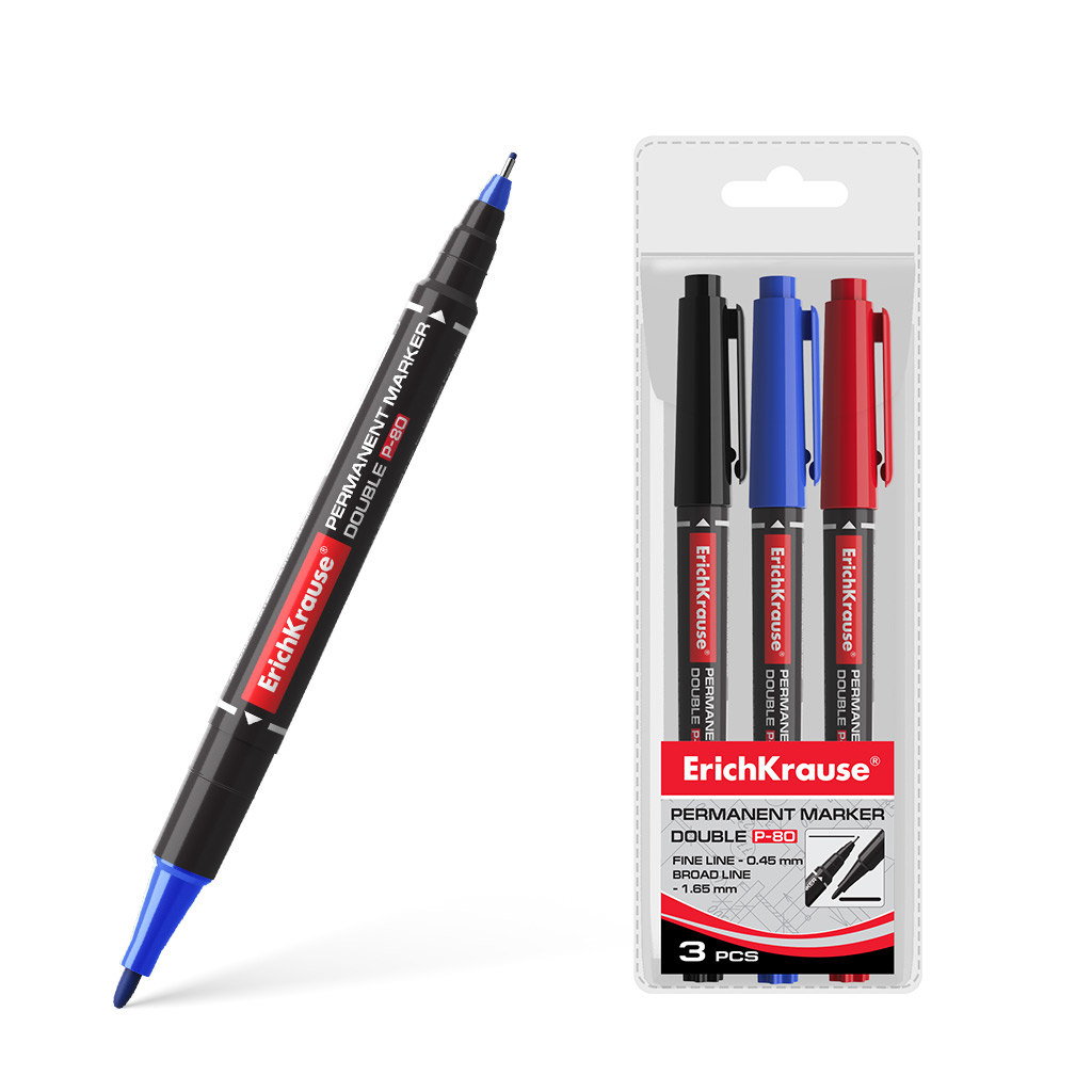 Двухсторонний перманентный маркер ErichKrause® Double P-80, цвет чернил синий, черный, красный 