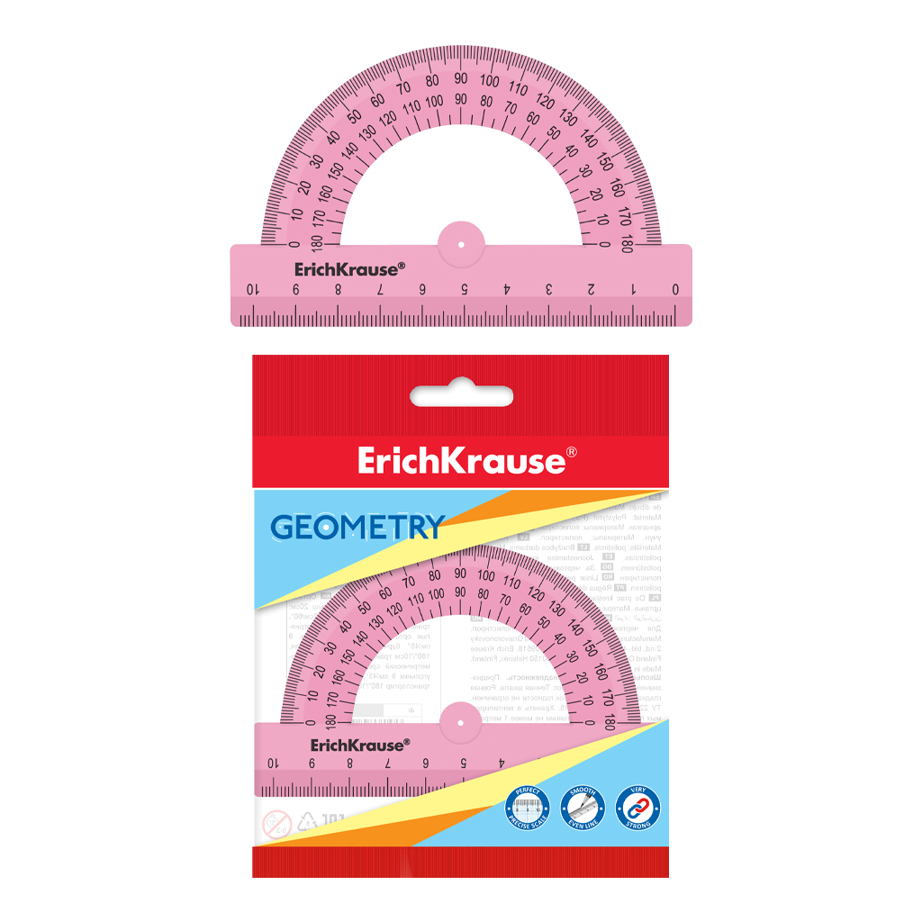 Транспортир пластиковый ErichKrause® Pastel, 180°/10см, розовый, во флоупаке
