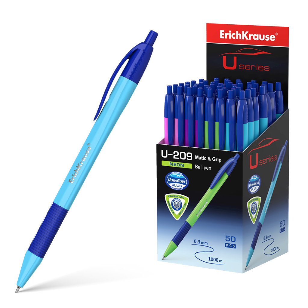 Ручка шариковая автоматическая ErichKrause® U-209 Neon Matic&Grip 1.0, Ultra Glide Technology, цвет чернил синий 