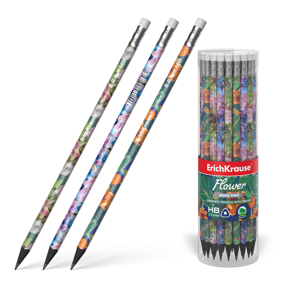 Пластиковый чернографитный трехгранный карандаш с ластиком ErichKrause® Flower HB 