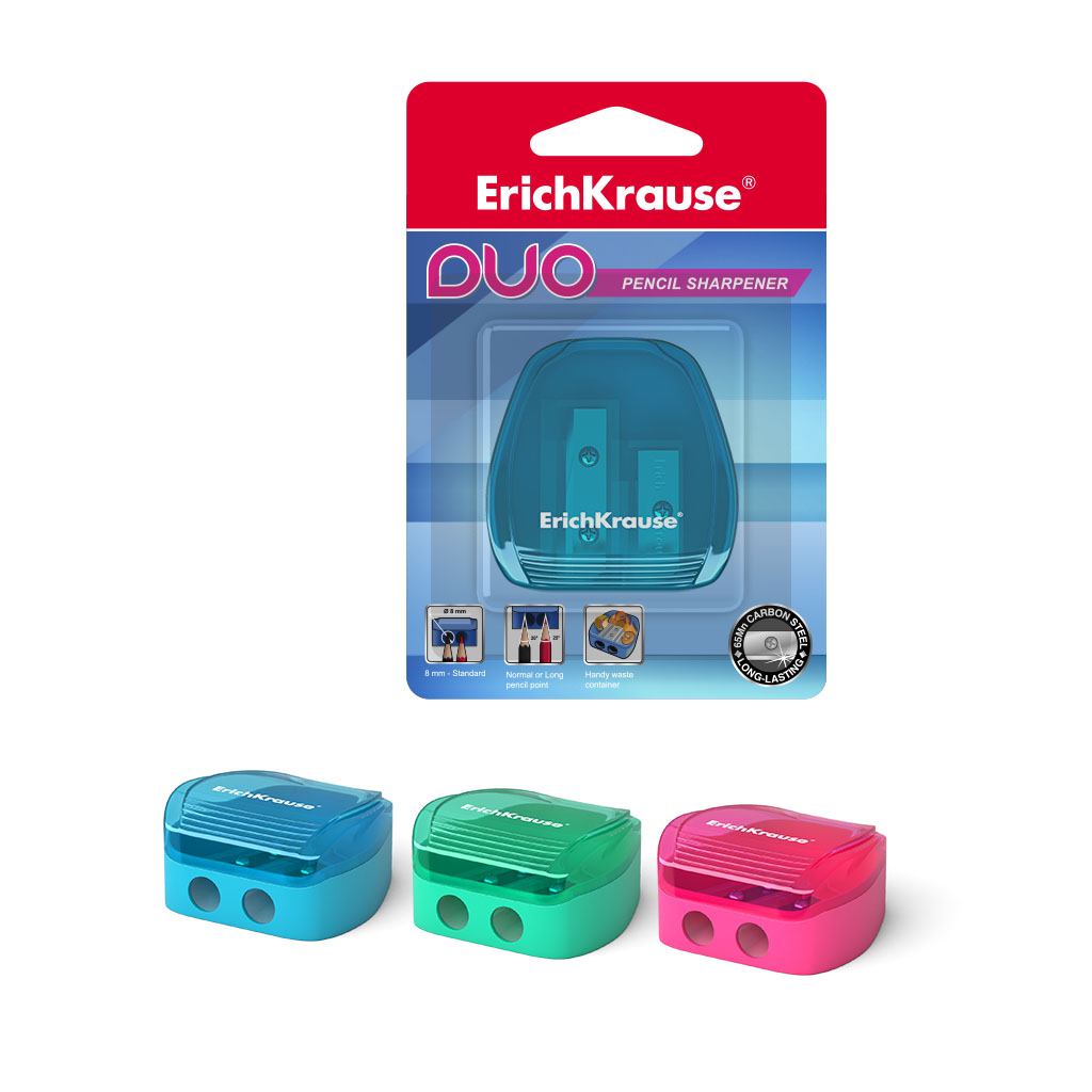 Пластиковая точилка ErichKrause® Duo, два отверстия, с контейнером, цвет корпуса ассорти 