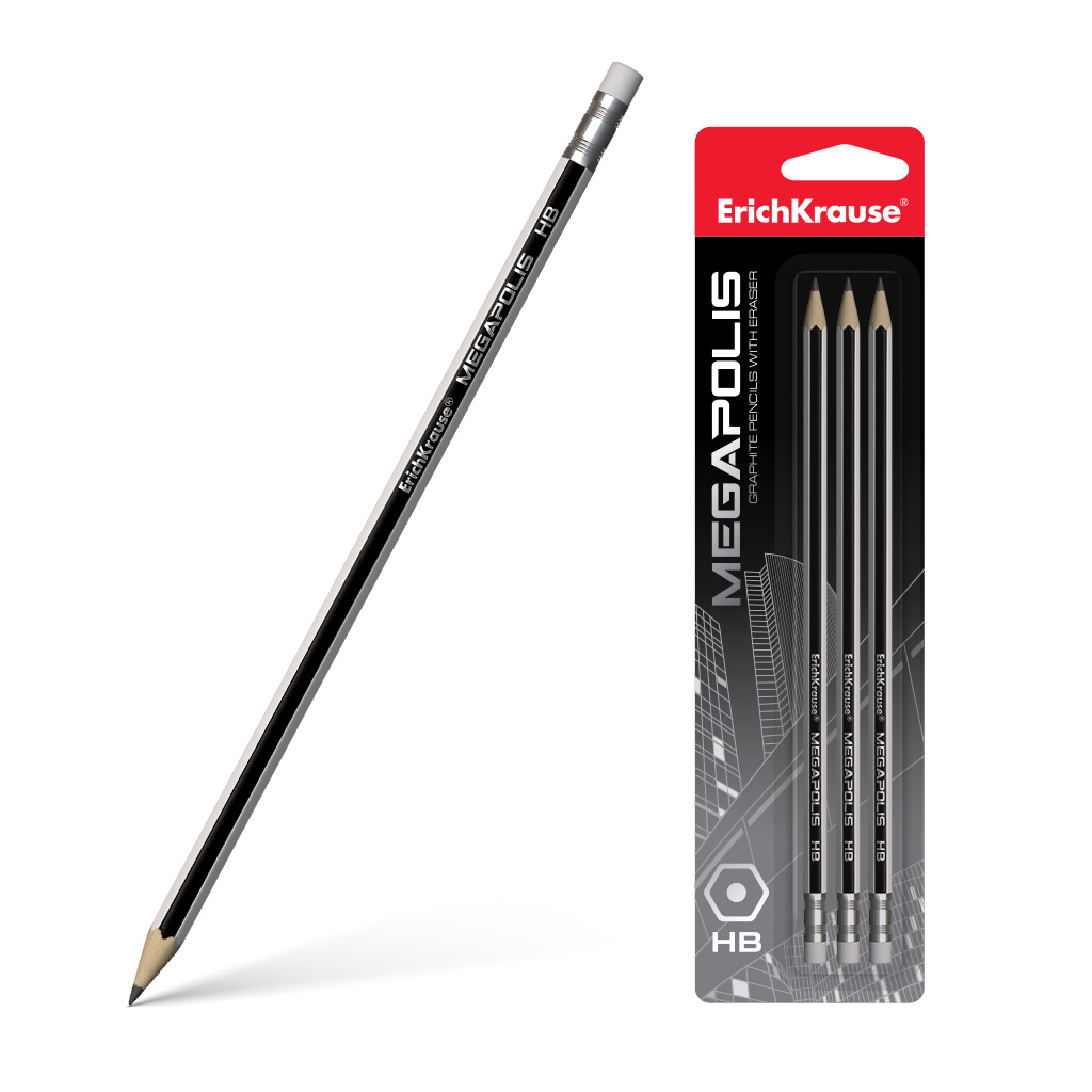 Чернографитный шестигранный карандаш с ластиком ErichKrause® MEGAPOLIS HB 