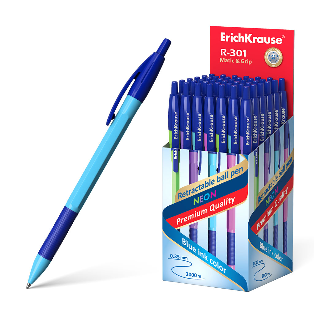 Ручка шариковая автоматическая ErichKrause® R-301 Neon Matic&Grip 0.7, цвет чернил синий 
