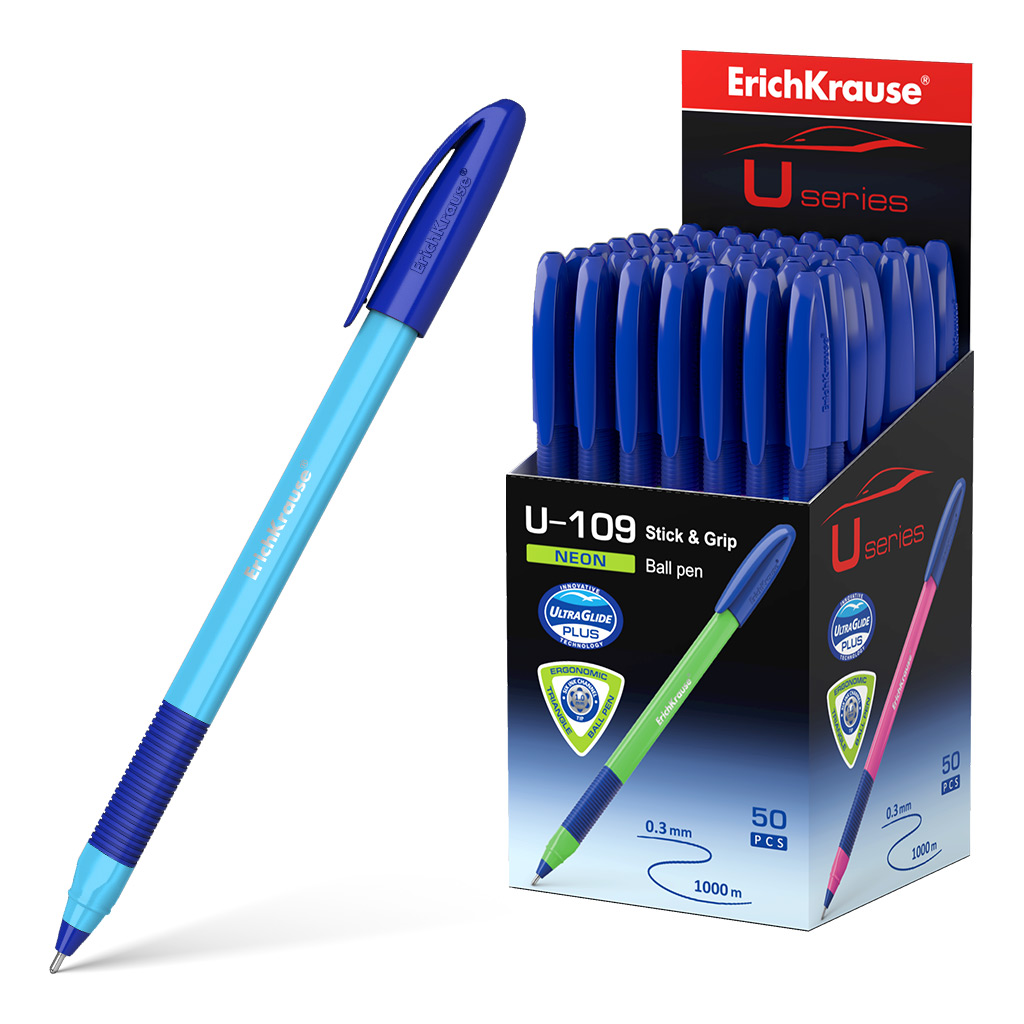 Ручка шариковая ErichKrause® U-109 Neon Stick&Grip 1.0, Ultra Glide Technology, цвет чернил синий 