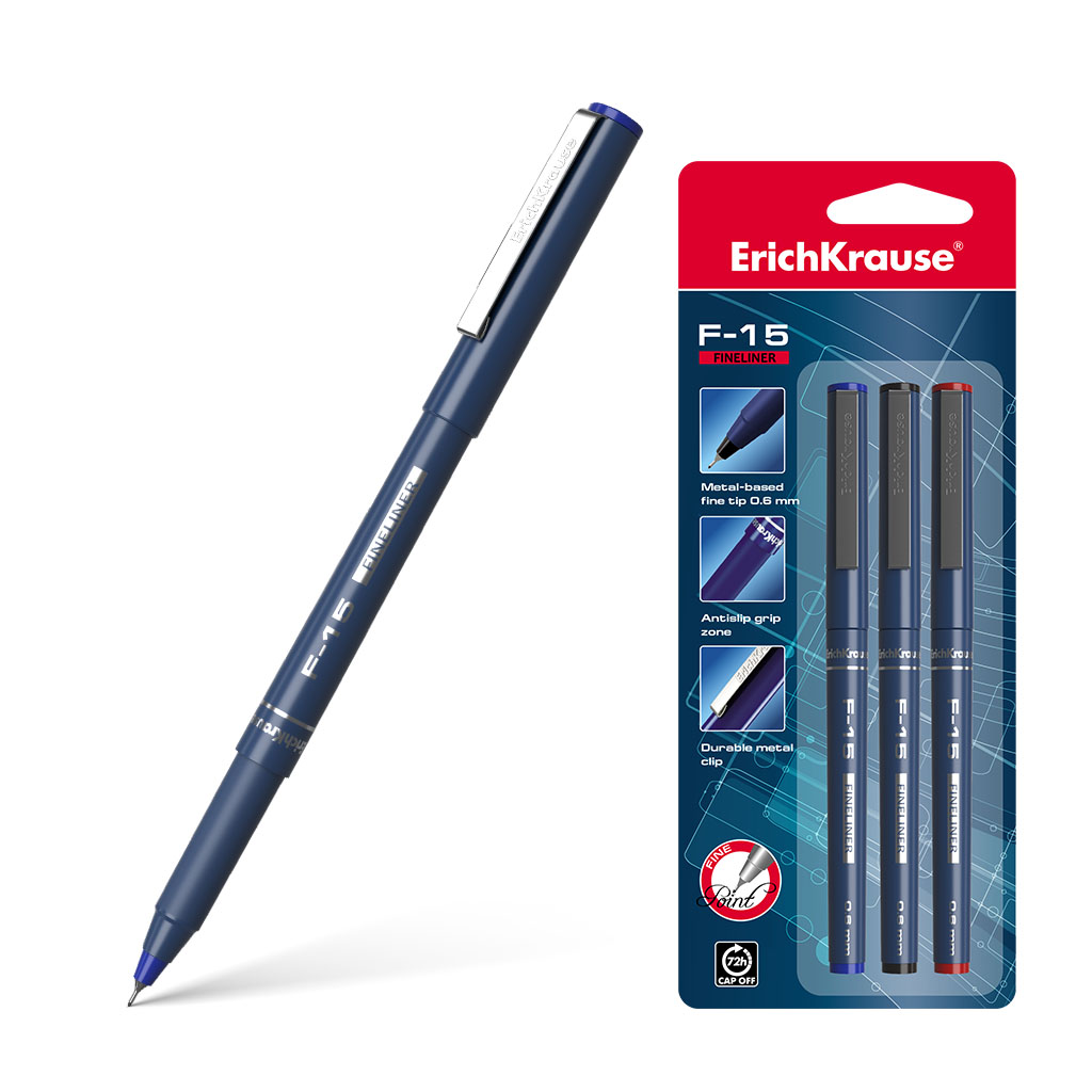 Ручка капиллярная ErichKrause® F-15, цвет чернил: синий, черный, красный 